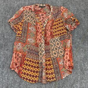 Sara Michelle Patchwork Paisley Button Front Blouse Orange Multi Size PM